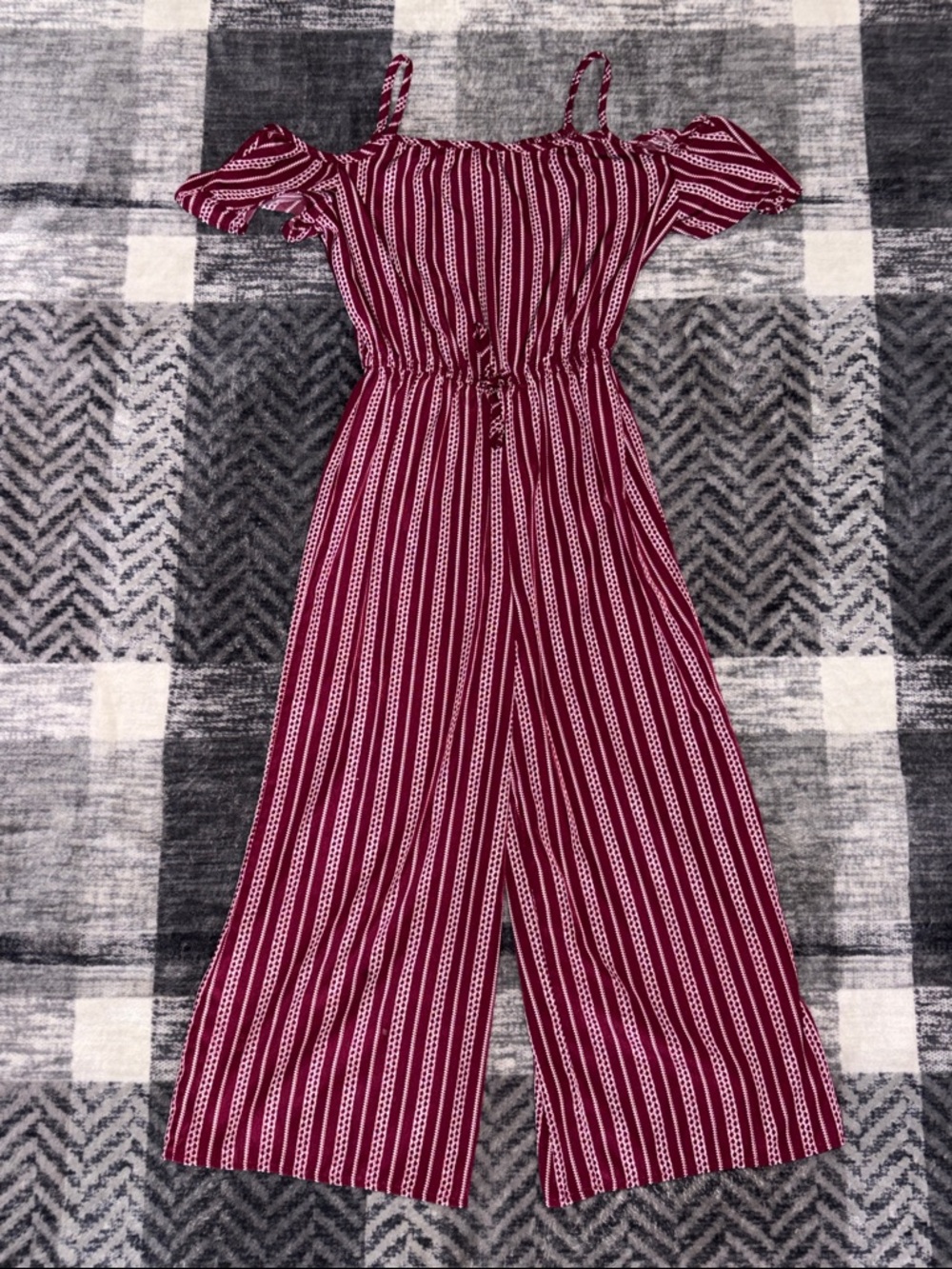 Girls' Burgundy Striped Off-Shoulder Jumpsuit with Adjustable Waist